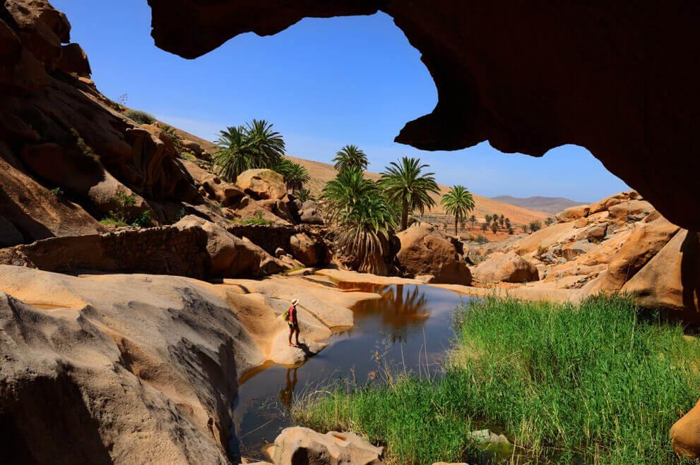 Barranco de Las Peñitas em Fuerteventura, com rochas, palmeiras e uma pequena lagoa numa paisagem árida.
